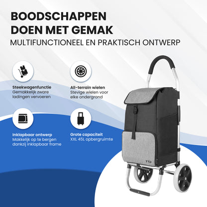 TTD® Boodschappentrolley met Steekwagenfunctie - Opvouwbaar Frame - 45L - Ruime Zijvakken - Boodschappenwagen - Waterdicht - All-Terrain Wielen - Boodschappenkar