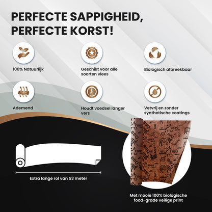 TTD® Butcher Paper XXL met Voedselveilige Print - 53 meter - Professioneel 100% Natuurlijk Slagerspapier van Houtpulp - BBQ Accesoires - Barbecue - Houtvezels - Ongecoat Slagerspapier