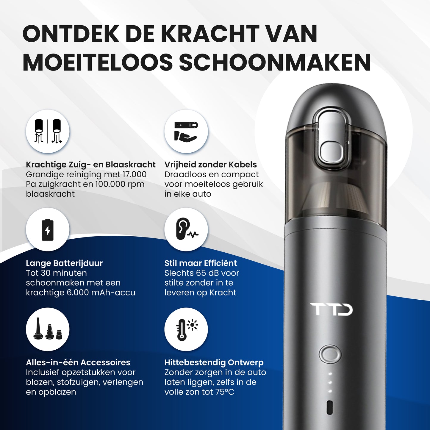 TTD® Premium Auto Stofzuiger Draadloos en Oplaadbaar - 17.000 Pa - Kruimeldief Snoerloos - Handstofzuiger - Blazen & Zuigen - Hittebestending - Compact design - Met HEPA-filter