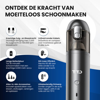 TTD® Premium Auto Stofzuiger Draadloos en Oplaadbaar - 17.000 Pa - Kruimeldief Snoerloos - Handstofzuiger - Blazen & Zuigen - Hittebestending - Compact design - Met HEPA-filter