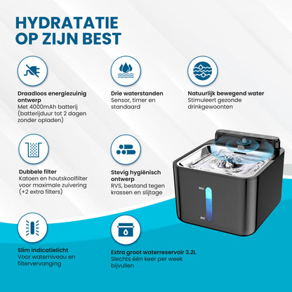 TTD® Luxe Premium RVS Drinkfontein met Sensor - Draadloze Drinkfontein Geschikt voor Hond en Kat - Extra Groot Reservoir van 3.2 L - 4000mAh Batterij - RVS- BPA Vrij - Incl. 3 Filters en Cleaning Tool - Fluisterstil
