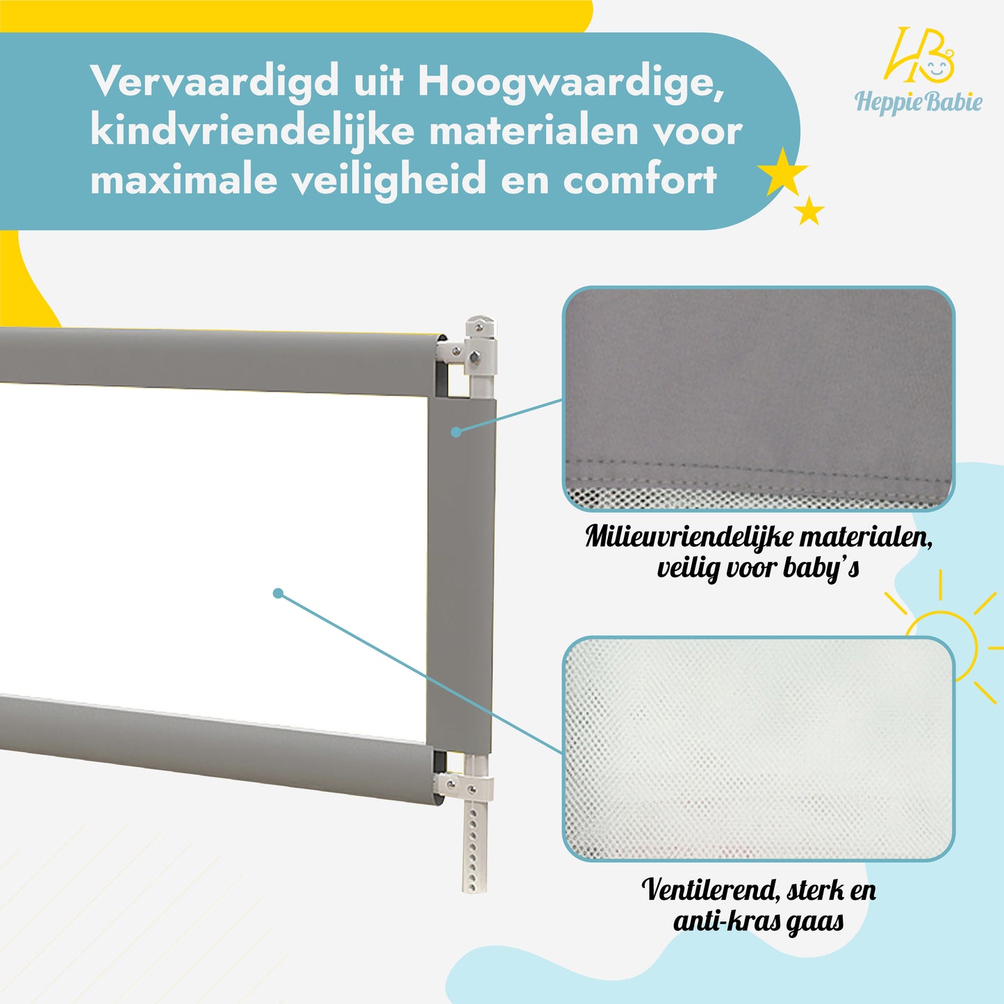 HeppieBabie Bedhekje - Universeel - Extra Lang 150 CM - Verstelbaar - Grijs met opvangnet - Bedrand - Bedrail - Bedrek