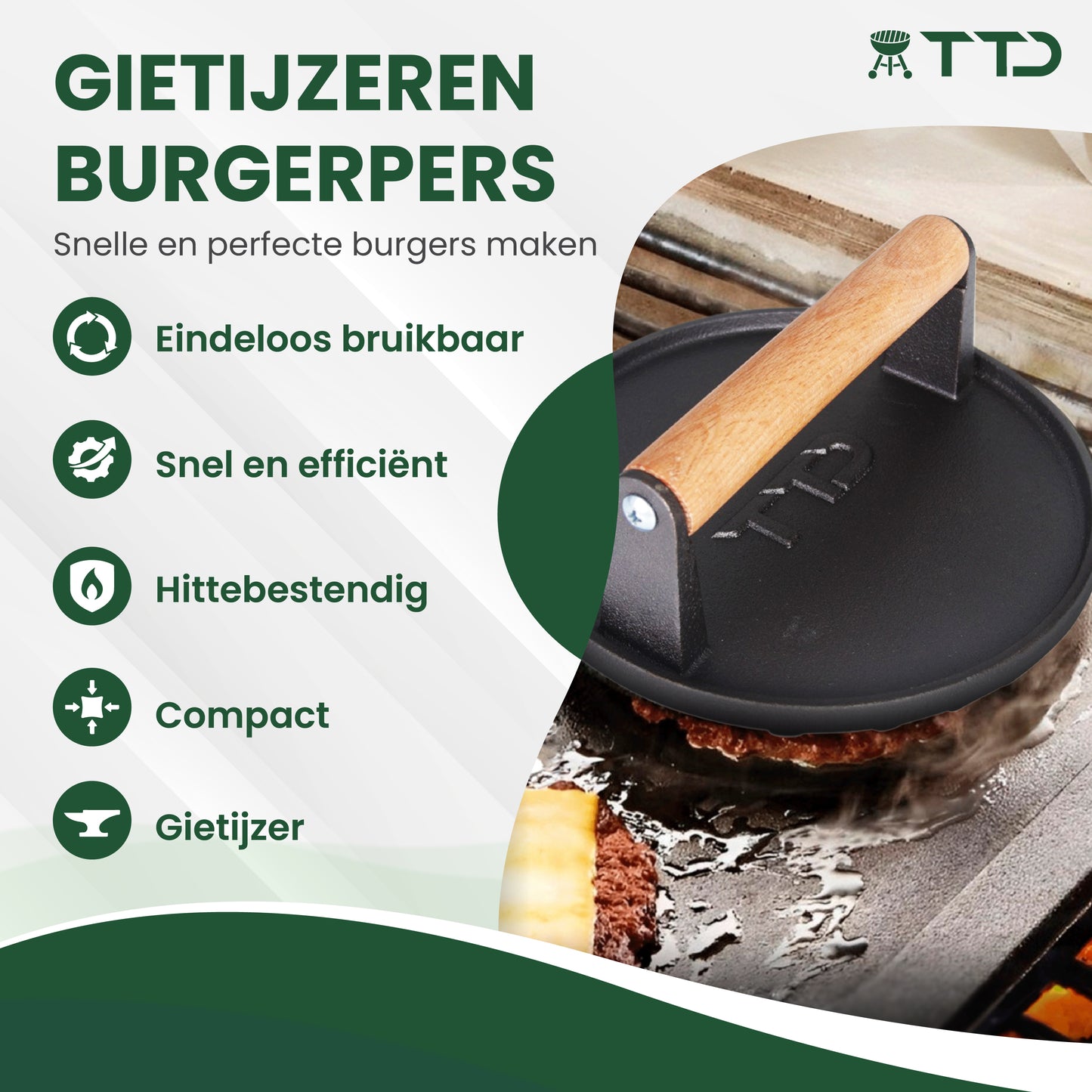 TTD® Hamburgerpers Gietijzer XL - Hamburgermaker Extra Zwaar - Hittebestendig - Strakke Grillgroeven - BBQ Accesoires - Barbecue Accessoires - Smash Burger - BBQ Gereedschap