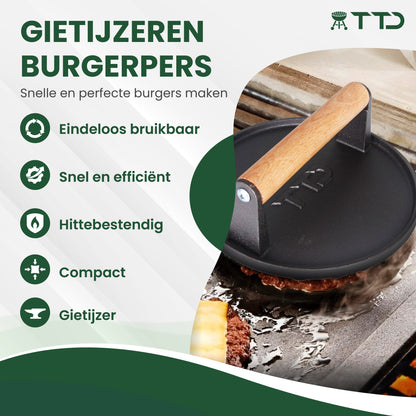 TTD® Hamburgerpers Gietijzer XL - Hamburgermaker Extra Zwaar - Hittebestendig - Strakke Grillgroeven - BBQ Accesoires - Barbecue Accessoires - Smash Burger - BBQ Gereedschap