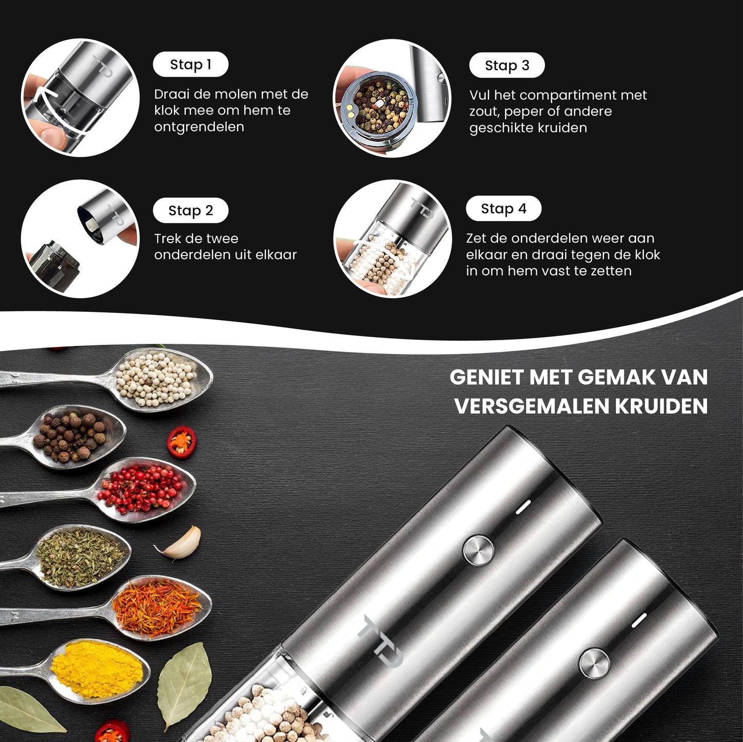 TTD® Premium Zout en Pepermolen Set Elektrisch RVS XXL - 75 ml Capaciteit - USB-oplaadbaar - Peper en Zoutmolen set - Kruidenmolen - Zoutmolen - Pepermolen - Peper en Zoutmolen Oplaadbaar - Verstelbare maalgraad - LED-verlichting - 2 stuks