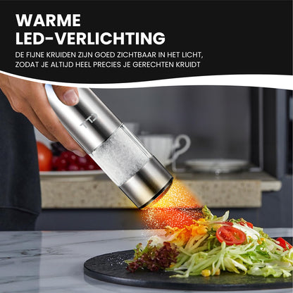 TTD® Premium Zout en Pepermolen Set Elektrisch RVS XXL - 75 ml Capaciteit - USB-oplaadbaar - Peper en Zoutmolen set - Kruidenmolen - Zoutmolen - Pepermolen - Peper en Zoutmolen Oplaadbaar - Verstelbare maalgraad - LED-verlichting - 2 stuks