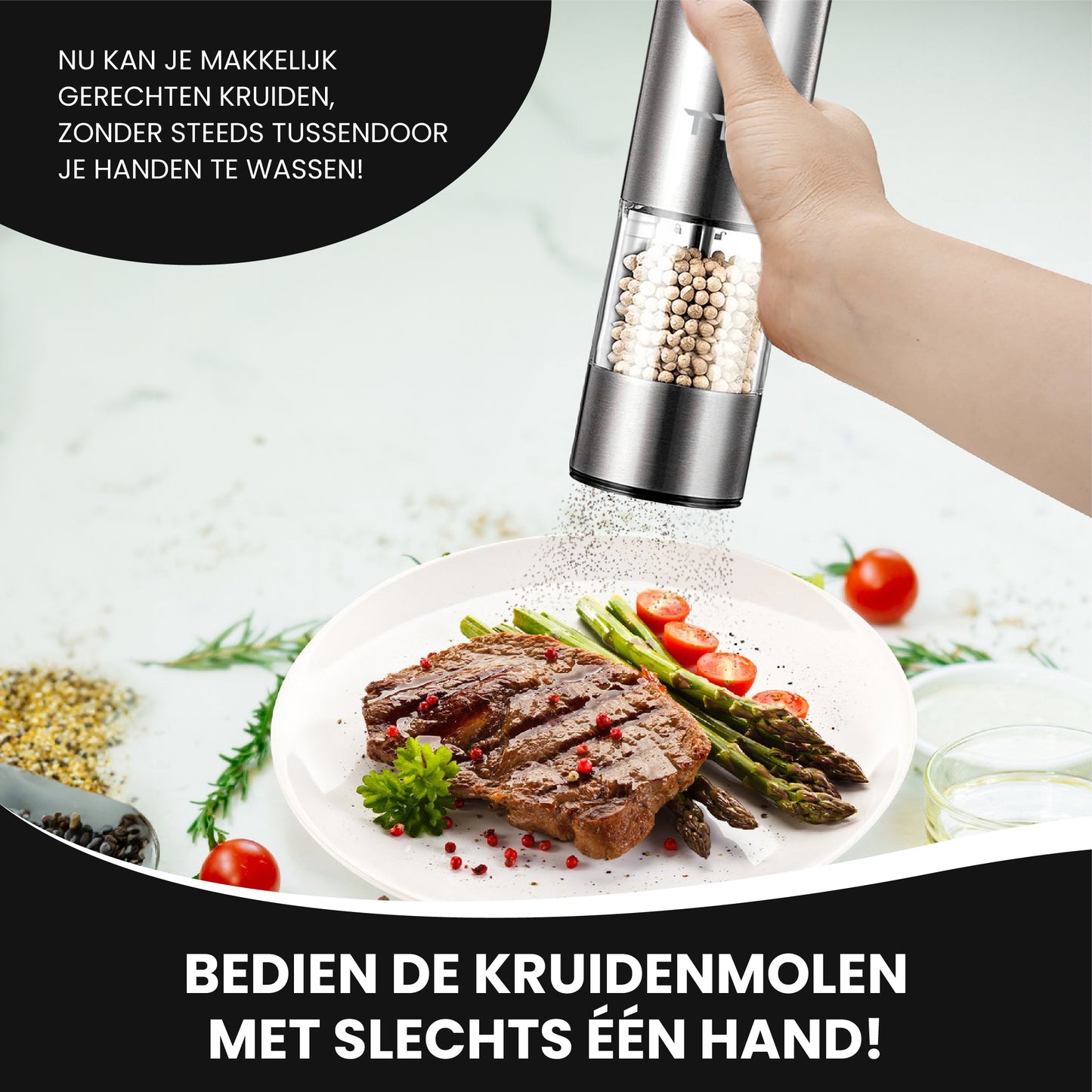 TTD® Premium Zout en Pepermolen Set Elektrisch RVS - 45 ml Capaciteit - USB-oplaadbaar - Peper en Zoutmolen set - Kruidenmolen - Zoutmolen - Pepermolen - Peper en Zoutmolen Oplaadbaar - Verstelbare maalgraad - LED-verlichting - 2 stuks - RVS
