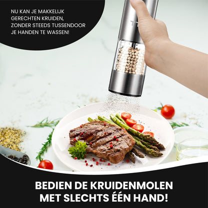TTD® Premium Zout en Pepermolen Set Elektrisch RVS - 45 ml Capaciteit - USB-oplaadbaar - Peper en Zoutmolen set - Kruidenmolen - Zoutmolen - Pepermolen - Peper en Zoutmolen Oplaadbaar - Verstelbare maalgraad - LED-verlichting - 2 stuks - RVS