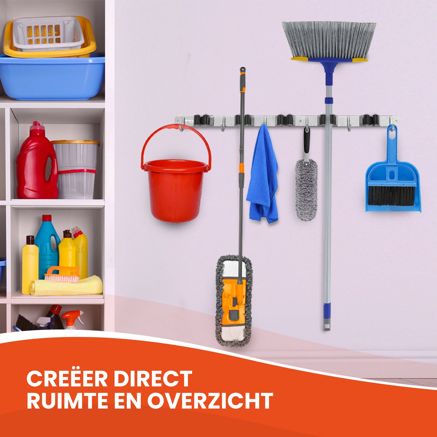 TTD® Luxe XXL Bezemhouder en Bezem Ophangsysteem voor Gereedschap - Bezemhouder Zelfklevend - Gereedschapshouder - Schoonmaak - 5 Ophanghaken & 6 Gereedschapsklemmen - Opbergsysteem - Tuingereedschap - Klussen - 62 CM - RVS - Inclusief 3M tape
