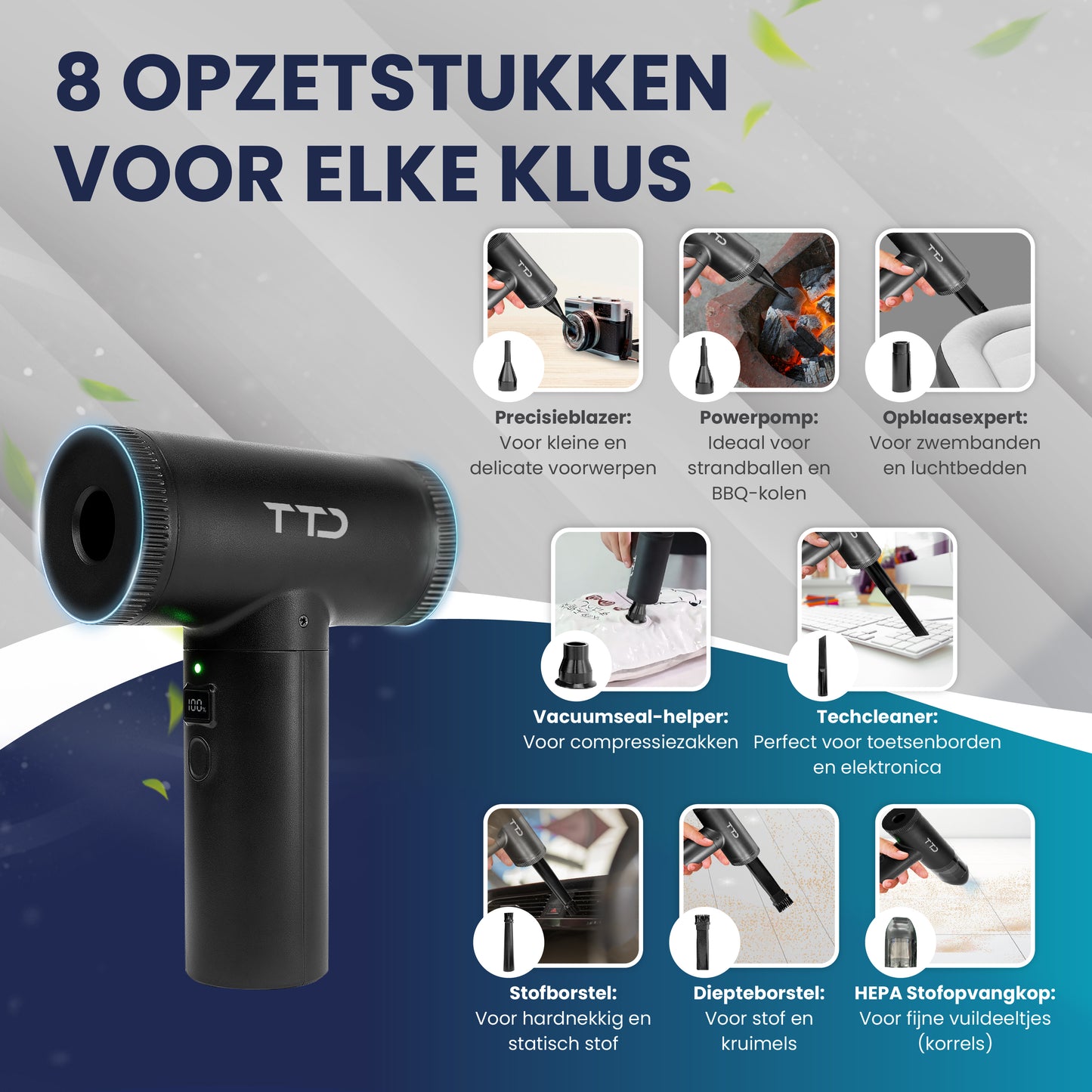 TTD® Air Duster Pro 2-in-1 - Draadloze Airduster & Kruimeldief met 8 Opzetstukken en LED Display - 90.000 RPM Motor en 12kPa Zuigkracht - Perslucht - Compressed Air voor Computer - USB-Oplaadbaar