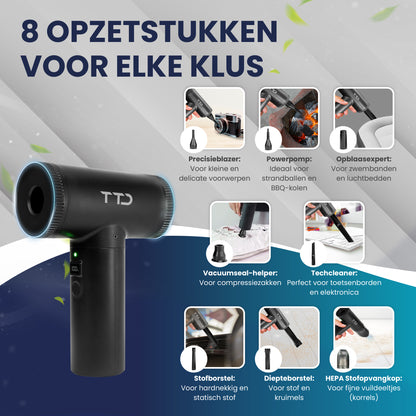 TTD® Air Duster Pro 2-in-1 - Draadloze Airduster & Kruimeldief met 8 Opzetstukken en LED Display - 90.000 RPM Motor en 12kPa Zuigkracht - Perslucht - Compressed Air voor Computer - USB-Oplaadbaar