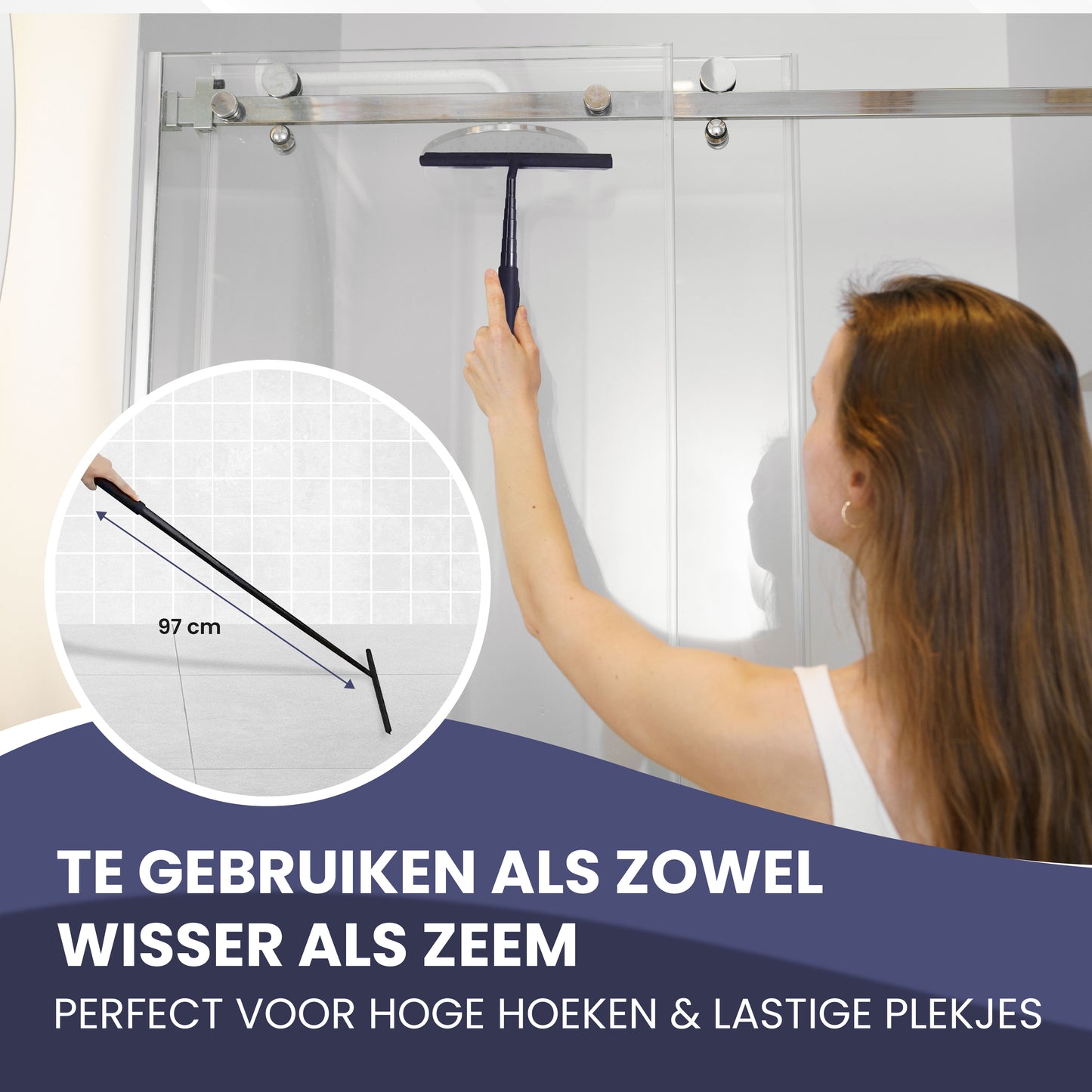 TTD® Douchewisser 2-in-1 met Uitschuifbare Lange Steel - 97 cm - Siliconen Wisserblad - Ergonomisch - Met Microvezeldoek en Ophanghaak - Douche Trekker - Vloerwisser Badkamer - Vloertrekker - Zwart