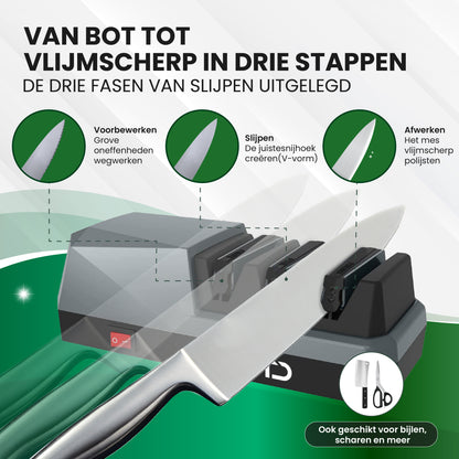 TTD® Premium Messenslijper Elektrisch - 3 Standen - Voorbewerken, Slijpen en Polijsten - Antislip - Doortrekslijper - Knife Sharpener - Aanzetstaal voor Messen