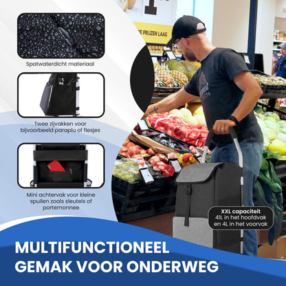 TTD® Boodschappentrolley met Steekwagenfunctie - Opvouwbaar Frame - 45L - Ruime Zijvakken - Boodschappenwagen - Waterdicht - All-Terrain Wielen - Boodschappenkar