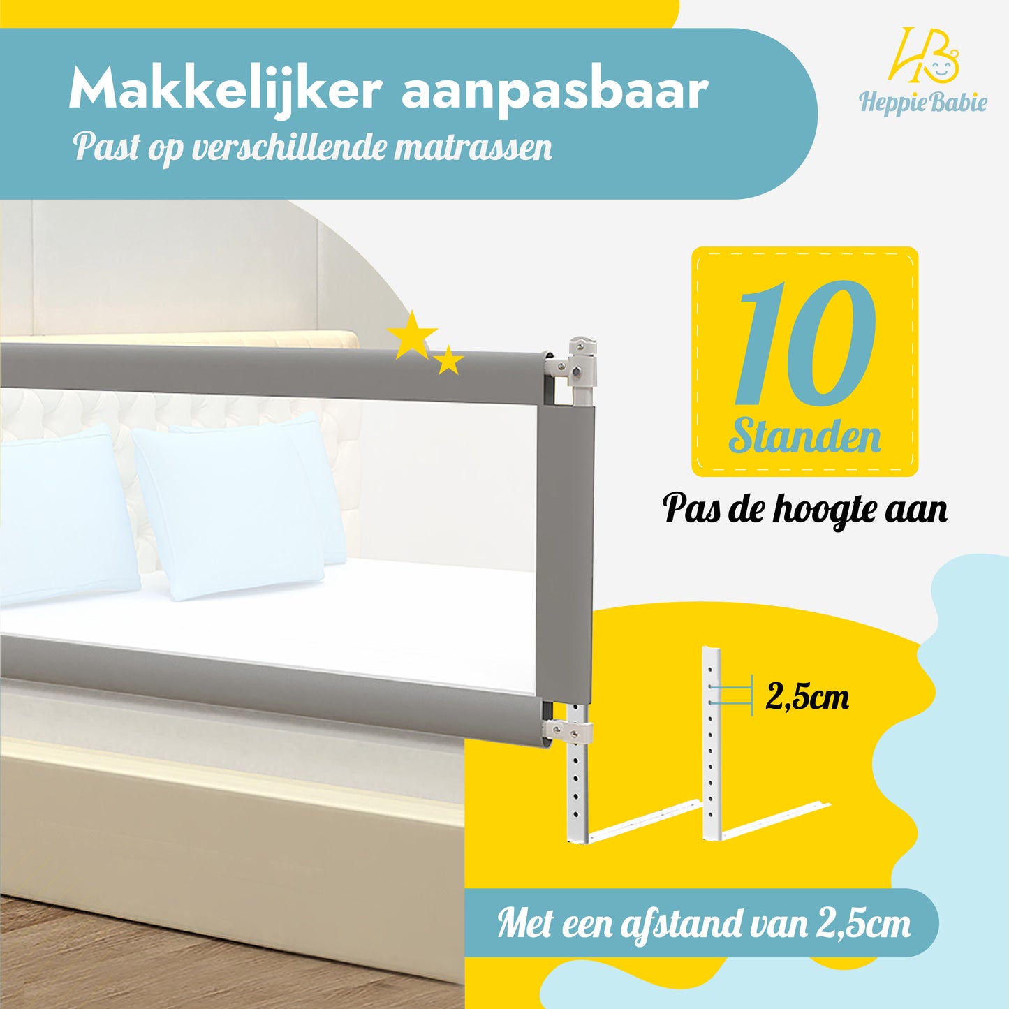 HeppieBabie Bedhekje - Universeel - Extra Lang 150 CM - Verstelbaar - Grijs met opvangnet - Bedrand - Bedrail - Bedrek