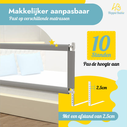 HeppieBabie Bedhekje - Universeel - Extra Lang 150 CM - Verstelbaar - Grijs met opvangnet - Bedrand - Bedrail - Bedrek