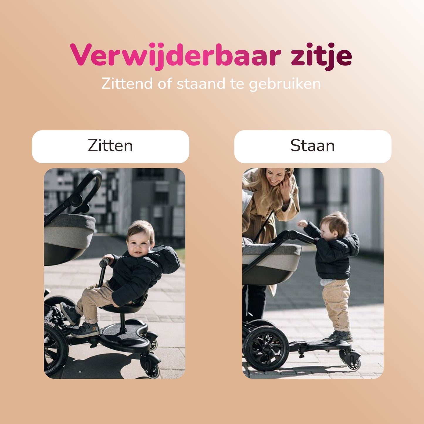 HeppieBabie - Meerijdplankje Deluxe - Met Zitje - Voor Kinderwagen/Buggy - Buggy Board - Met Ebook - Universeel