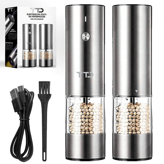 TTD® Premium Zout en Pepermolen Set Elektrisch RVS - 45 ml Capaciteit - USB-oplaadbaar - Peper en Zoutmolen set - Kruidenmolen - Zoutmolen - Pepermolen - Peper en Zoutmolen Oplaadbaar - Verstelbare maalgraad - LED-verlichting - 2 stuks - RVS
