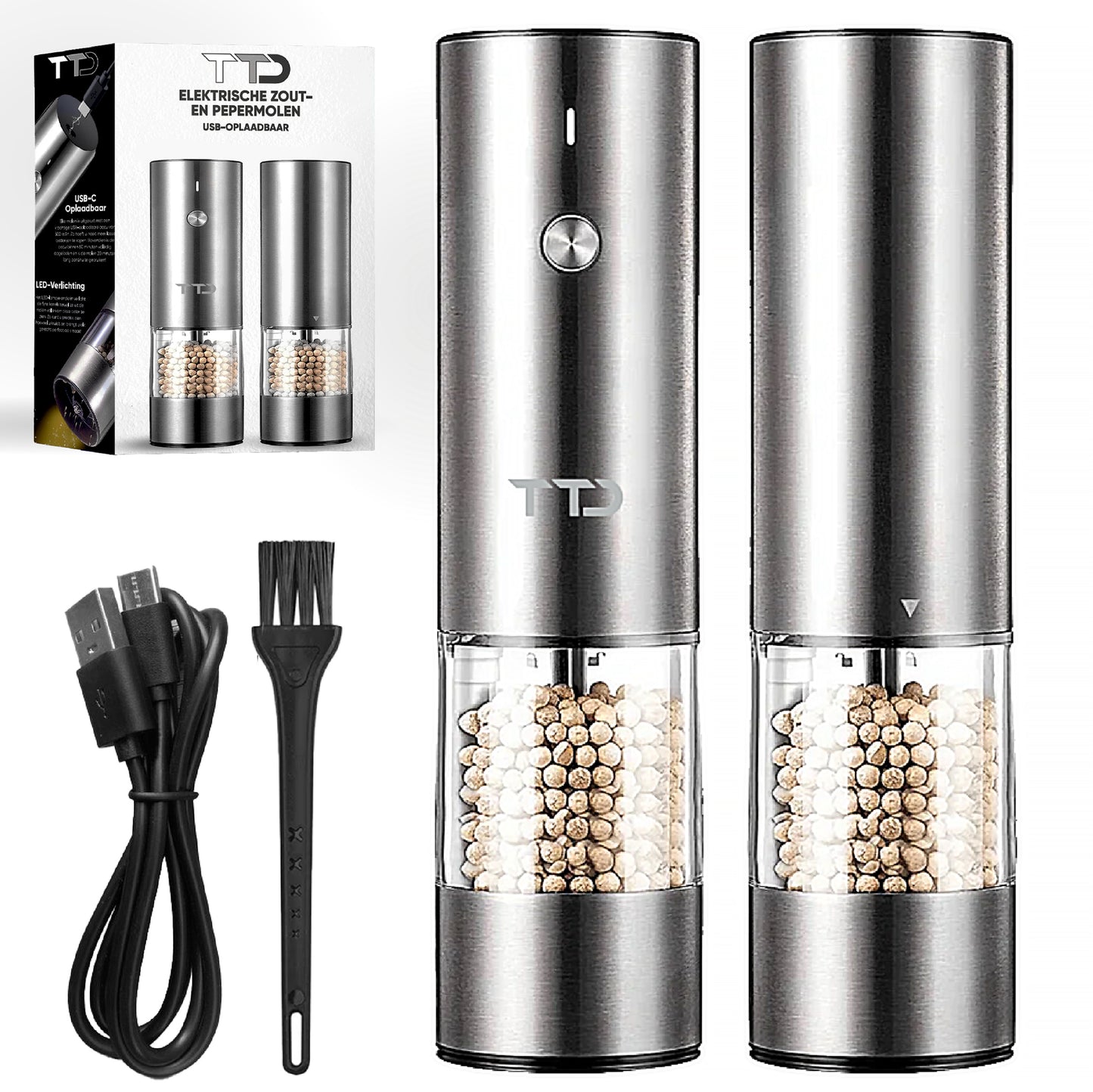 TTD® Premium Zout en Pepermolen Set Elektrisch RVS XXL - 75 ml Capaciteit - USB-oplaadbaar - Peper en Zoutmolen set - Kruidenmolen - Zoutmolen - Pepermolen - Peper en Zoutmolen Oplaadbaar - Verstelbare maalgraad - LED-verlichting - 2 stuks