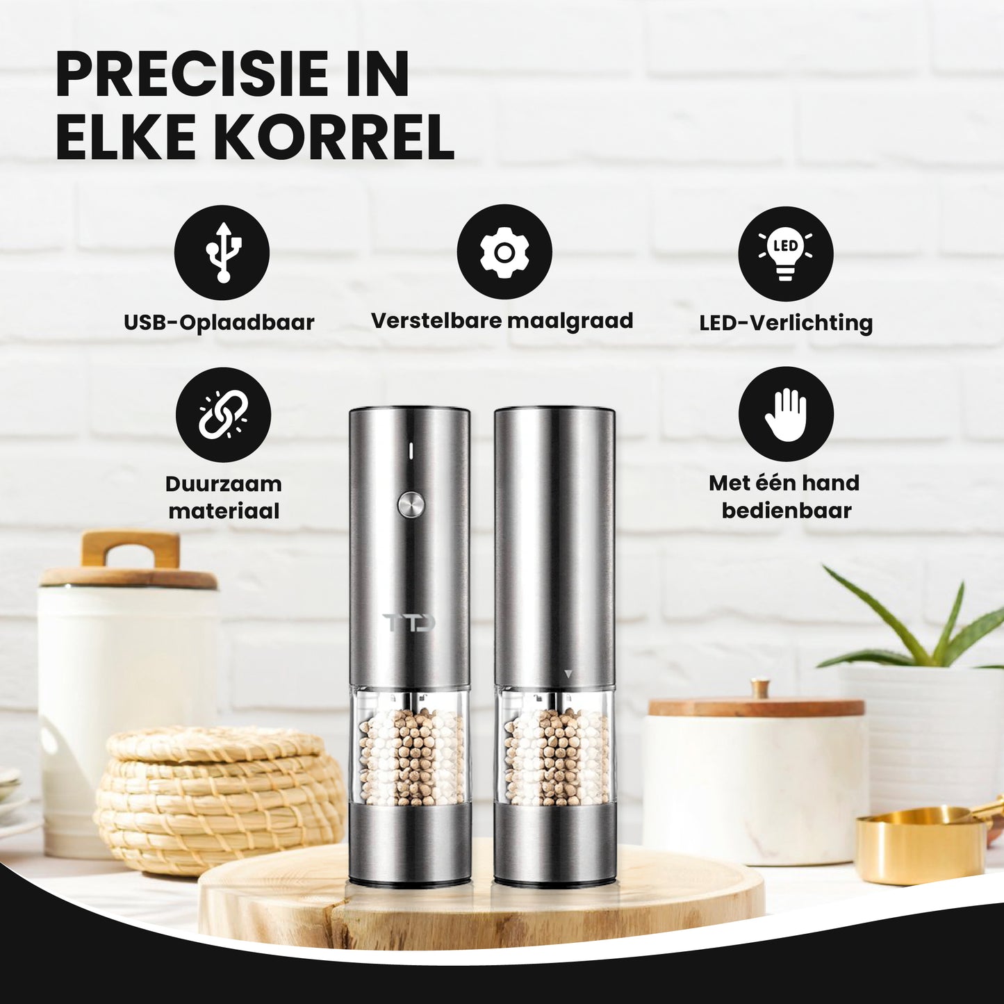 TTD® Premium Zout en Pepermolen Set Elektrisch RVS - 45 ml Capaciteit - USB-oplaadbaar - Peper en Zoutmolen set - Kruidenmolen - Zoutmolen - Pepermolen - Peper en Zoutmolen Oplaadbaar - Verstelbare maalgraad - LED-verlichting - 2 stuks - RVS