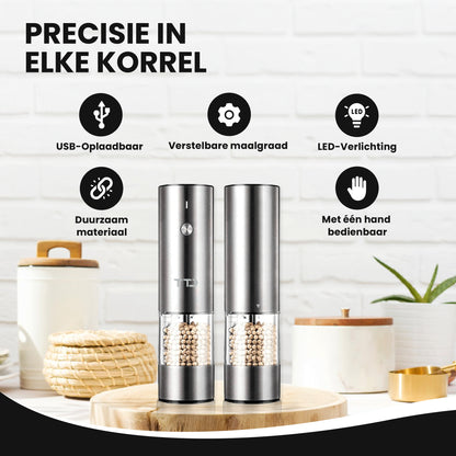 TTD® Premium Zout en Pepermolen Set Elektrisch RVS - 45 ml Capaciteit - USB-oplaadbaar - Peper en Zoutmolen set - Kruidenmolen - Zoutmolen - Pepermolen - Peper en Zoutmolen Oplaadbaar - Verstelbare maalgraad - LED-verlichting - 2 stuks - RVS