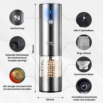 TTD® Premium Zout en Pepermolen Set Elektrisch RVS - 45 ml Capaciteit - USB-oplaadbaar - Peper en Zoutmolen set - Kruidenmolen - Zoutmolen - Pepermolen - Peper en Zoutmolen Oplaadbaar - Verstelbare maalgraad - LED-verlichting - 2 stuks - RVS