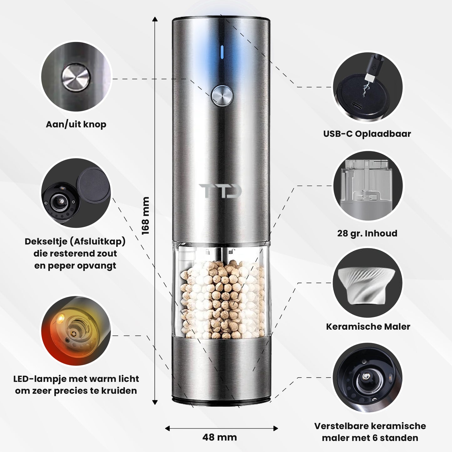 TTD® Premium Zout en Pepermolen Set Elektrisch RVS XXL - 75 ml Capaciteit - USB-oplaadbaar - Peper en Zoutmolen set - Kruidenmolen - Zoutmolen - Pepermolen - Peper en Zoutmolen Oplaadbaar - Verstelbare maalgraad - LED-verlichting - 2 stuks
