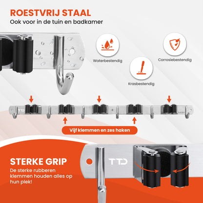 TTD® Luxe XXL Bezemhouder en Bezem Ophangsysteem voor Gereedschap - Bezemhouder Zelfklevend - Gereedschapshouder - Schoonmaak - 5 Ophanghaken & 6 Gereedschapsklemmen - Opbergsysteem - Tuingereedschap - Klussen - 62 CM - RVS - Inclusief 3M tape