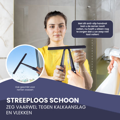 TTD® Douchewisser 2-in-1 met Uitschuifbare Lange Steel - 97 cm - Siliconen Wisserblad - Ergonomisch - Met Microvezeldoek en Ophanghaak - Douche Trekker - Vloerwisser Badkamer - Vloertrekker - Zwart