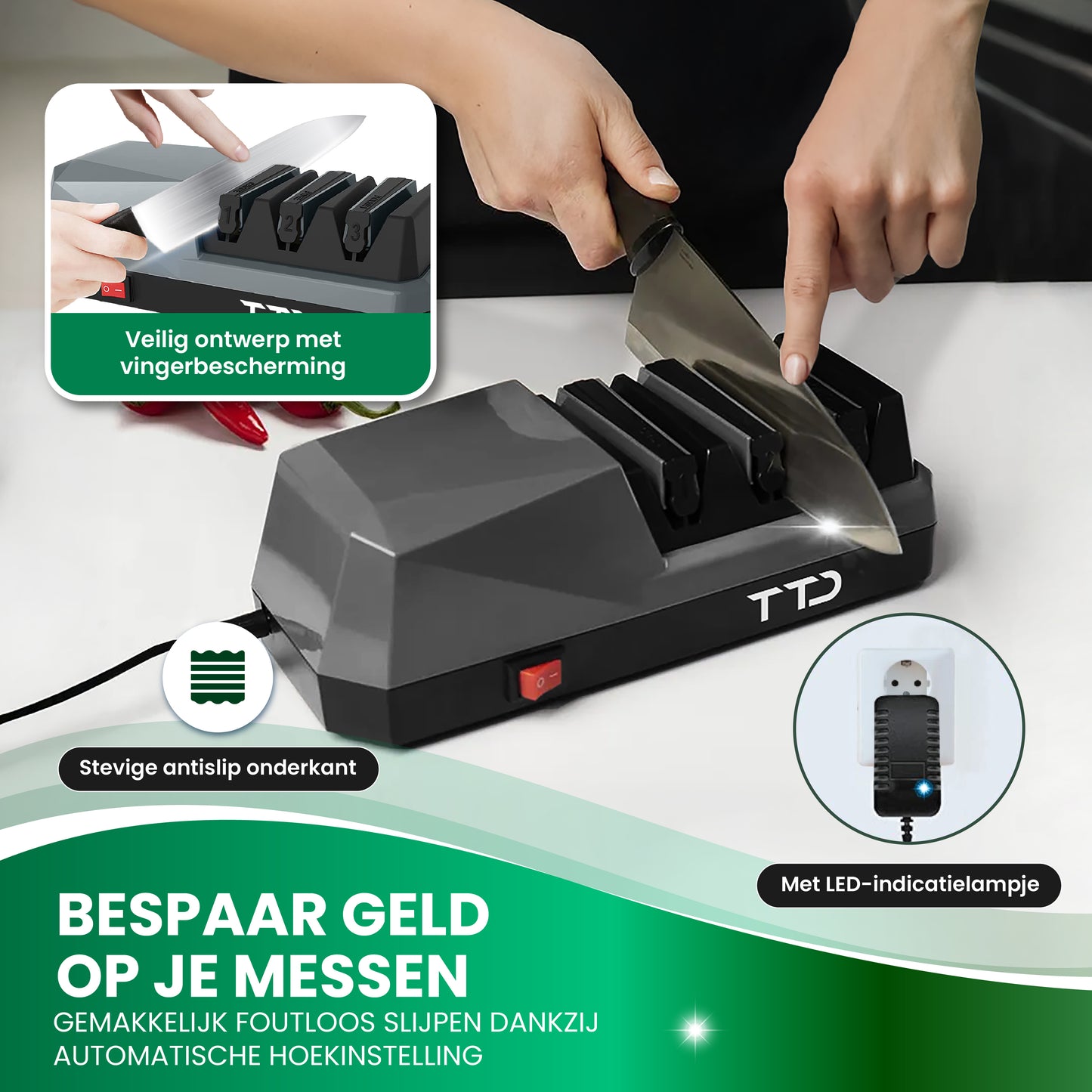 TTD® Premium Messenslijper Elektrisch - 3 Standen - Voorbewerken, Slijpen en Polijsten - Antislip - Doortrekslijper - Knife Sharpener - Aanzetstaal voor Messen