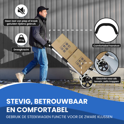 TTD® Boodschappentrolley met Steekwagenfunctie - Opvouwbaar Frame - 45L - Ruime Zijvakken - Boodschappenwagen - Waterdicht - All-Terrain Wielen - Boodschappenkar