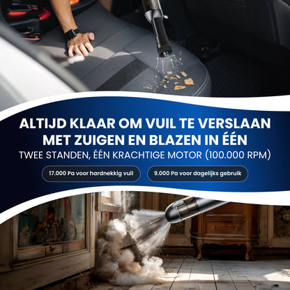 TTD® Premium Auto Stofzuiger Draadloos en Oplaadbaar - 17.000 Pa - Kruimeldief Snoerloos - Handstofzuiger - Blazen & Zuigen - Hittebestending - Compact design - Met HEPA-filter