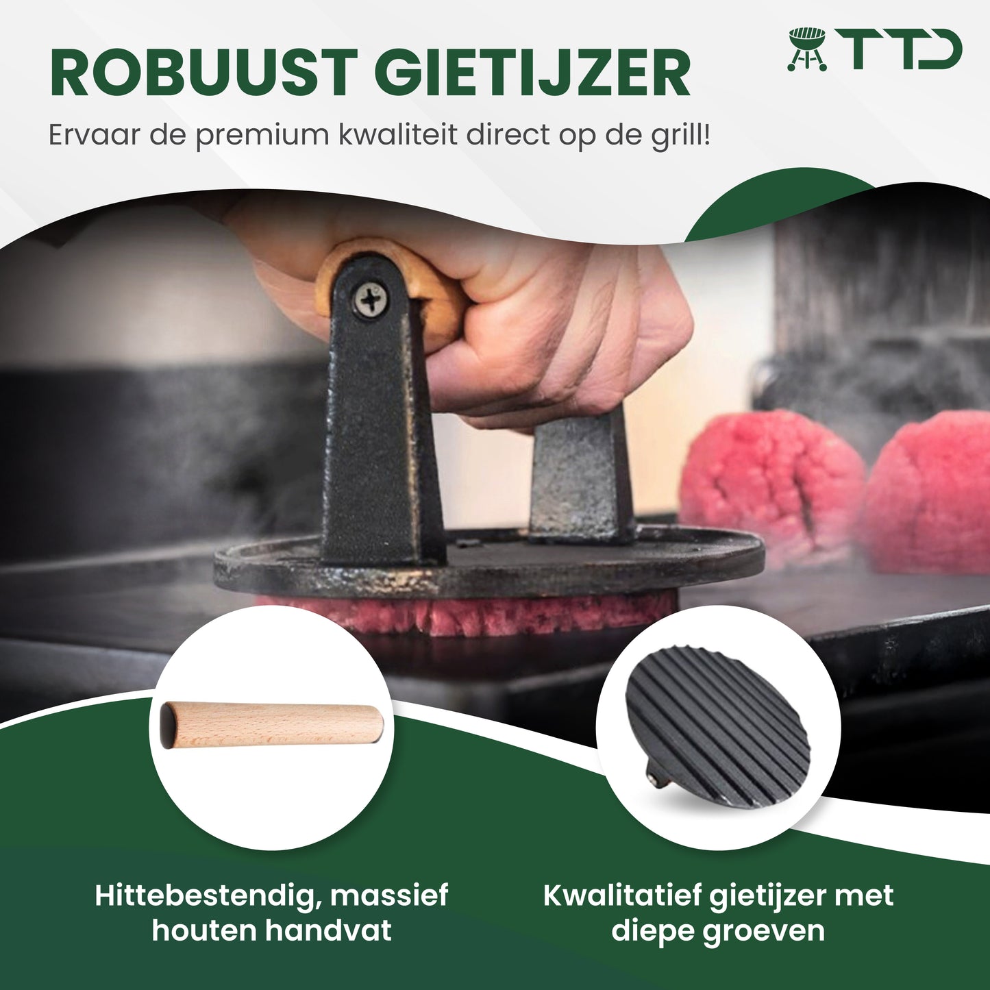 TTD® Hamburgerpers Gietijzer XL - Hamburgermaker Extra Zwaar - Hittebestendig - Strakke Grillgroeven - BBQ Accesoires - Barbecue Accessoires - Smash Burger - BBQ Gereedschap
