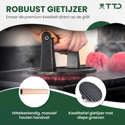 TTD® Hamburgerpers Gietijzer XL - Hamburgermaker Extra Zwaar - Hittebestendig - Strakke Grillgroeven - BBQ Accesoires - Barbecue Accessoires - Smash Burger - BBQ Gereedschap