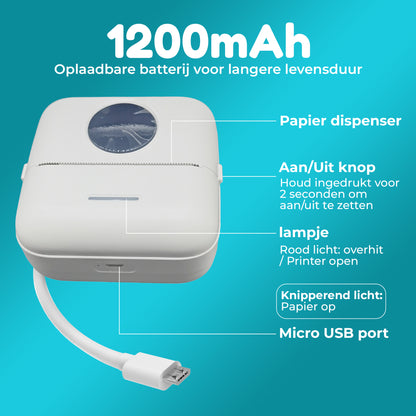 HeppieBabie Bluetooth Pocket Printer - Mini Printer - Sticker - Mobiele Fotoprinter - Incl 16 Papierrollen
