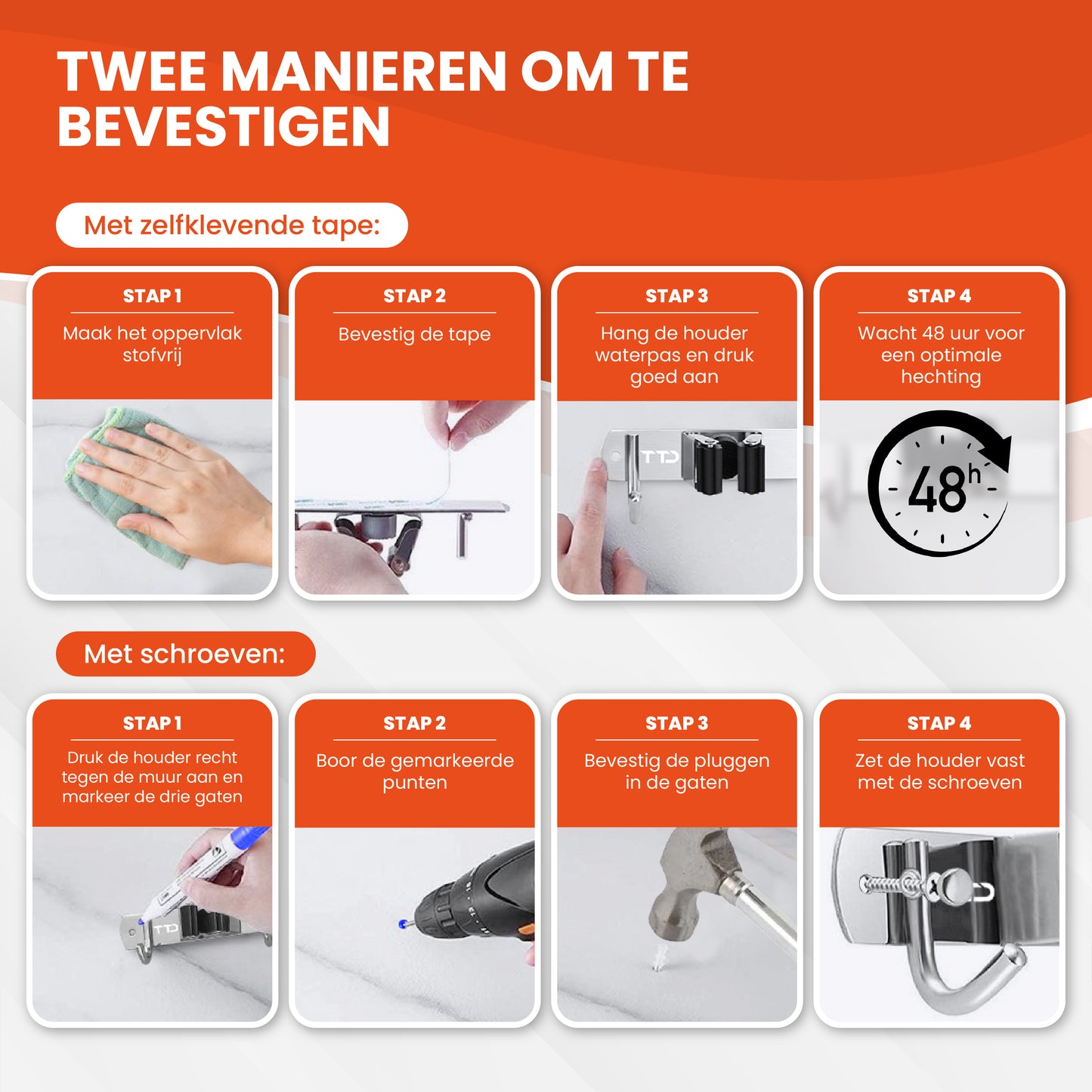 TTD® Luxe XXL Bezemhouder en Bezem Ophangsysteem voor Gereedschap - Bezemhouder Zelfklevend - Gereedschapshouder - Schoonmaak - 5 Ophanghaken & 6 Gereedschapsklemmen - Opbergsysteem - Tuingereedschap - Klussen - 62 CM - RVS - Inclusief 3M tape