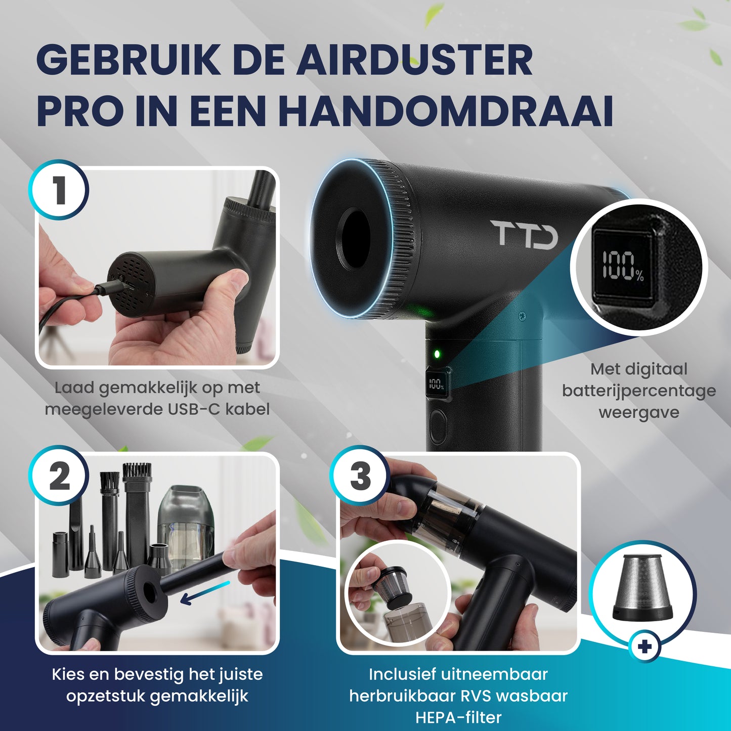 TTD® Air Duster Pro 2-in-1 - Draadloze Airduster & Kruimeldief met 8 Opzetstukken en LED Display - 90.000 RPM Motor en 12kPa Zuigkracht - Perslucht - Compressed Air voor Computer - USB-Oplaadbaar