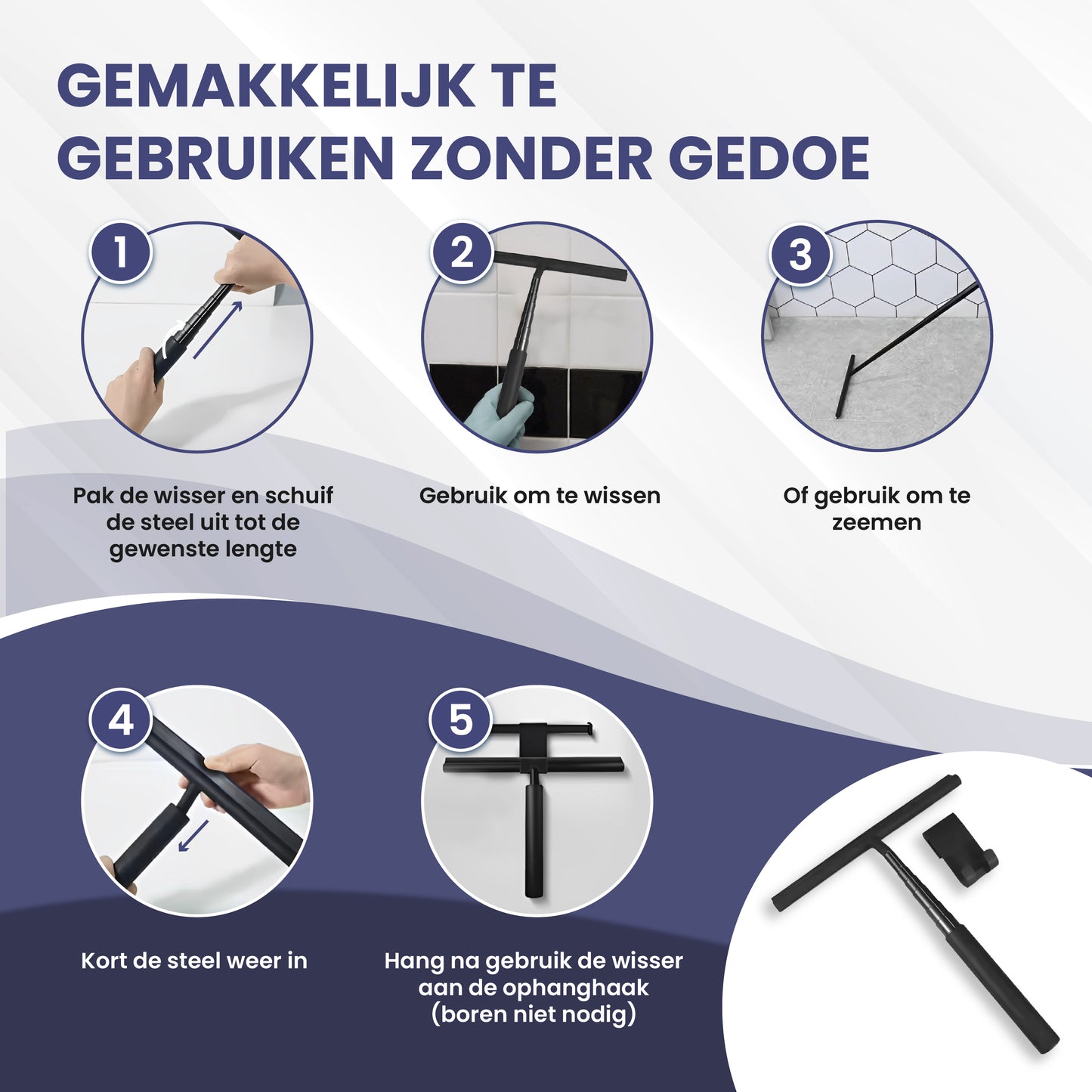 TTD® Douchewisser 2-in-1 met Uitschuifbare Lange Steel - 97 cm - Siliconen Wisserblad - Ergonomisch - Met Microvezeldoek en Ophanghaak - Douche Trekker - Vloerwisser Badkamer - Vloertrekker - Zwart