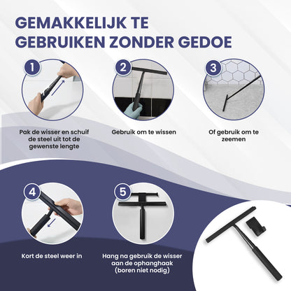 TTD® Douchewisser 2-in-1 met Uitschuifbare Lange Steel - 97 cm - Siliconen Wisserblad - Ergonomisch - Met Microvezeldoek en Ophanghaak - Douche Trekker - Vloerwisser Badkamer - Vloertrekker - Zwart