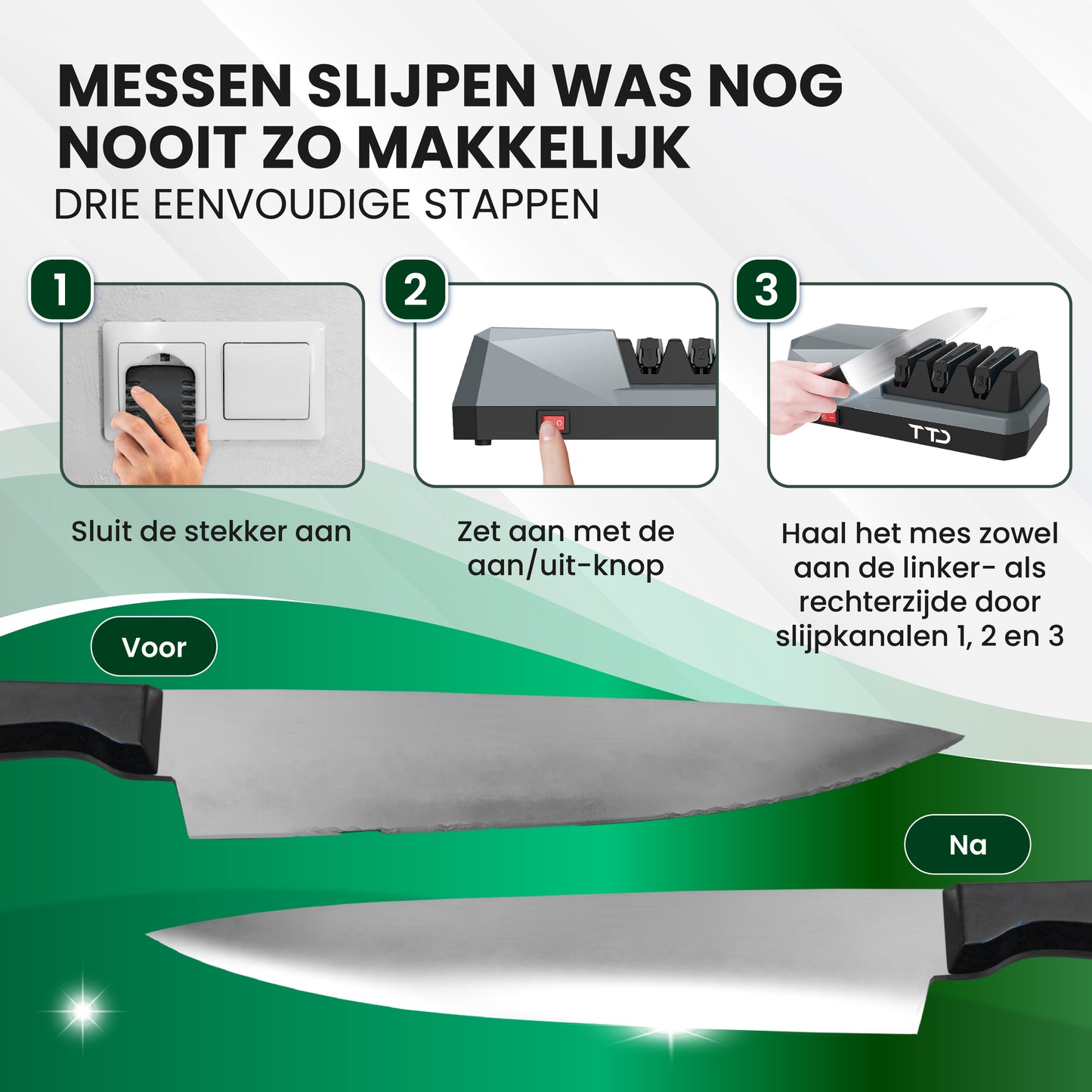 TTD® Premium Messenslijper Elektrisch - 3 Standen - Voorbewerken, Slijpen en Polijsten - Antislip - Doortrekslijper - Knife Sharpener - Aanzetstaal voor Messen