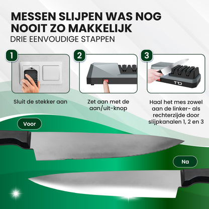 TTD® Premium Messenslijper Elektrisch - 3 Standen - Voorbewerken, Slijpen en Polijsten - Antislip - Doortrekslijper - Knife Sharpener - Aanzetstaal voor Messen