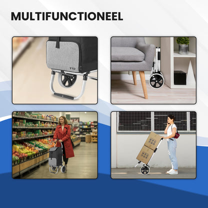 TTD® Boodschappentrolley met Steekwagenfunctie - Opvouwbaar Frame - 45L - Ruime Zijvakken - Boodschappenwagen - Waterdicht - All-Terrain Wielen - Boodschappenkar
