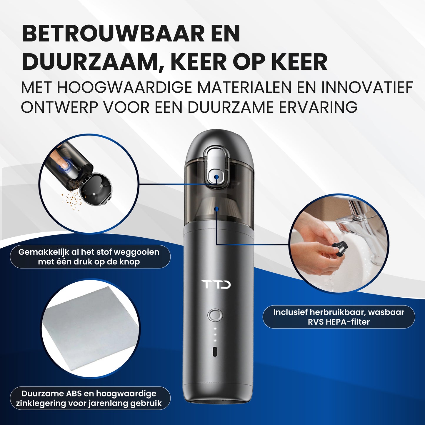 TTD® Premium Auto Stofzuiger Draadloos en Oplaadbaar - 17.000 Pa - Kruimeldief Snoerloos - Handstofzuiger - Blazen & Zuigen - Hittebestending - Compact design - Met HEPA-filter