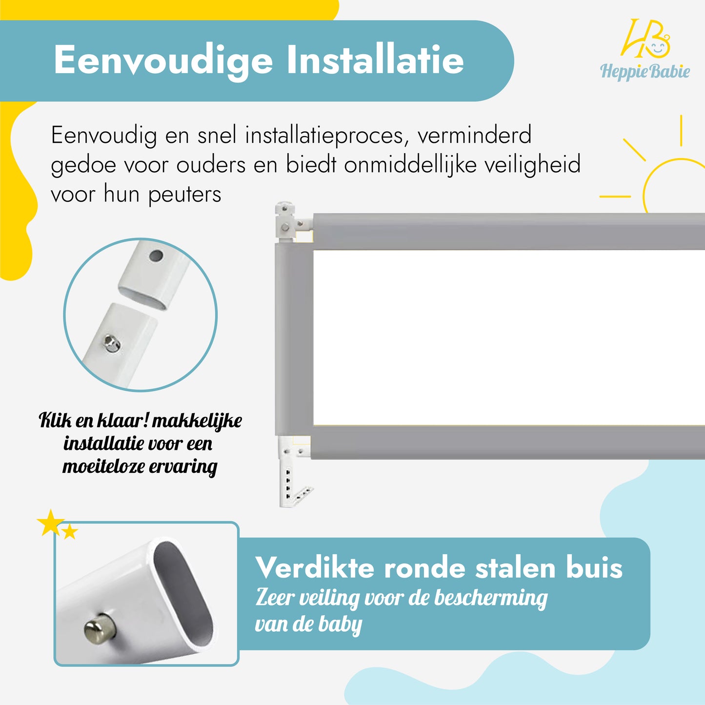 HeppieBabie Bedhekje - Universeel - Extra Lang 150 CM - Verstelbaar - Grijs met opvangnet - Bedrand - Bedrail - Bedrek