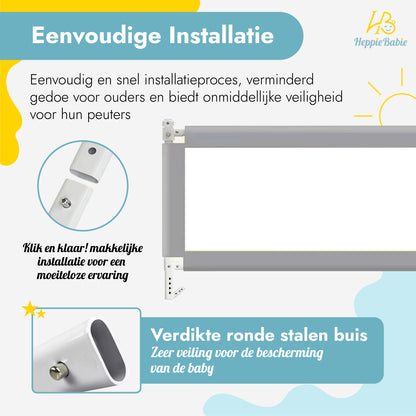 HeppieBabie Bedhekje - Universeel - Extra Lang 150 CM - Verstelbaar - Grijs met opvangnet - Bedrand - Bedrail - Bedrek