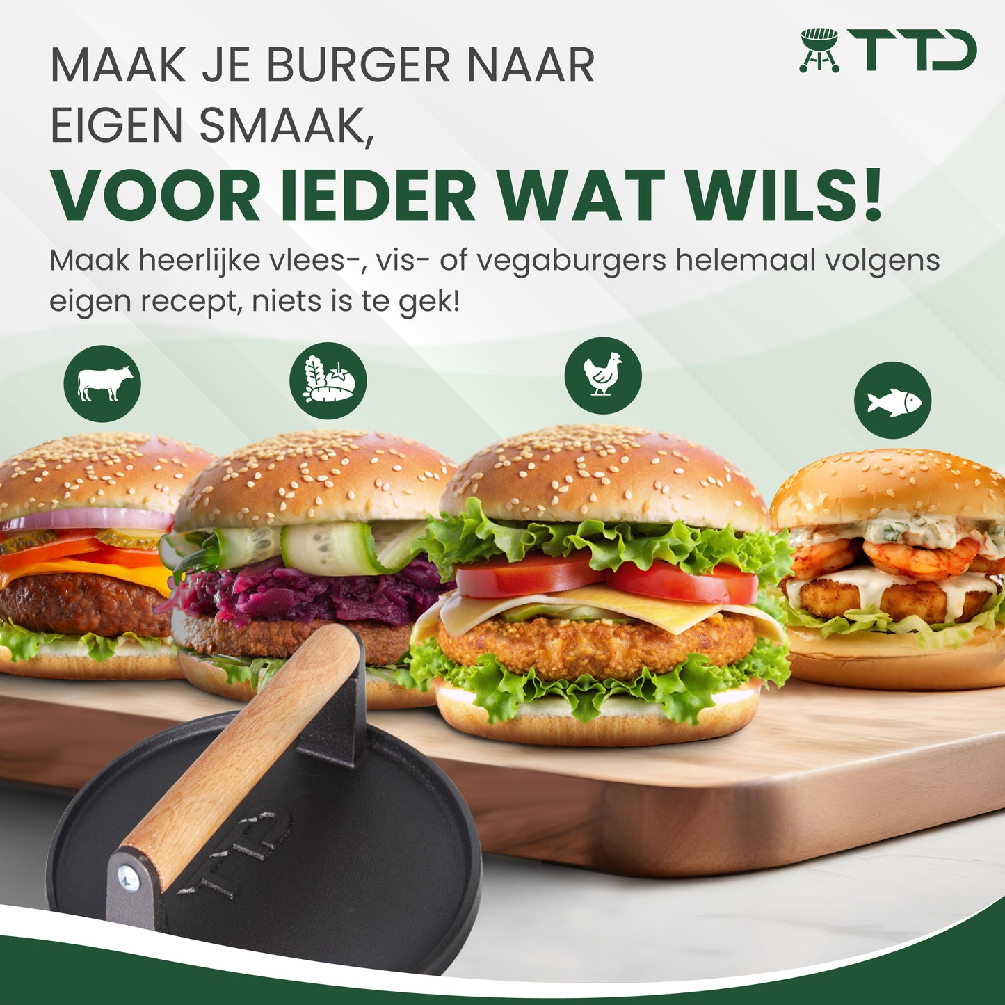 TTD® Hamburgerpers Gietijzer XL - Hamburgermaker Extra Zwaar - Hittebestendig - Strakke Grillgroeven - BBQ Accesoires - Barbecue Accessoires - Smash Burger - BBQ Gereedschap