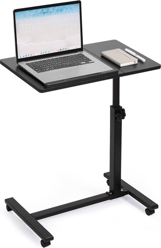 TTD® Premium Bijzettafel op Wieltjes - Laptoptafel Verstelbaar - Bedtafel op Wielen - Laptopstandaard - Verstelbaar in Hoek en in Hoogte - Zwart - Links
