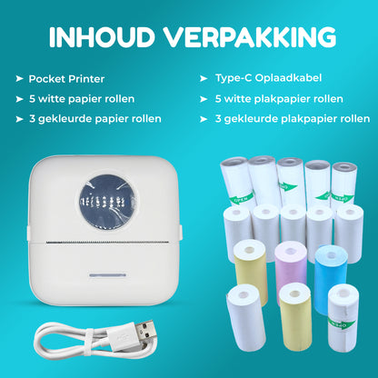 HeppieBabie Bluetooth Pocket Printer - Mini Printer - Sticker - Mobiele Fotoprinter - Incl 16 Papierrollen