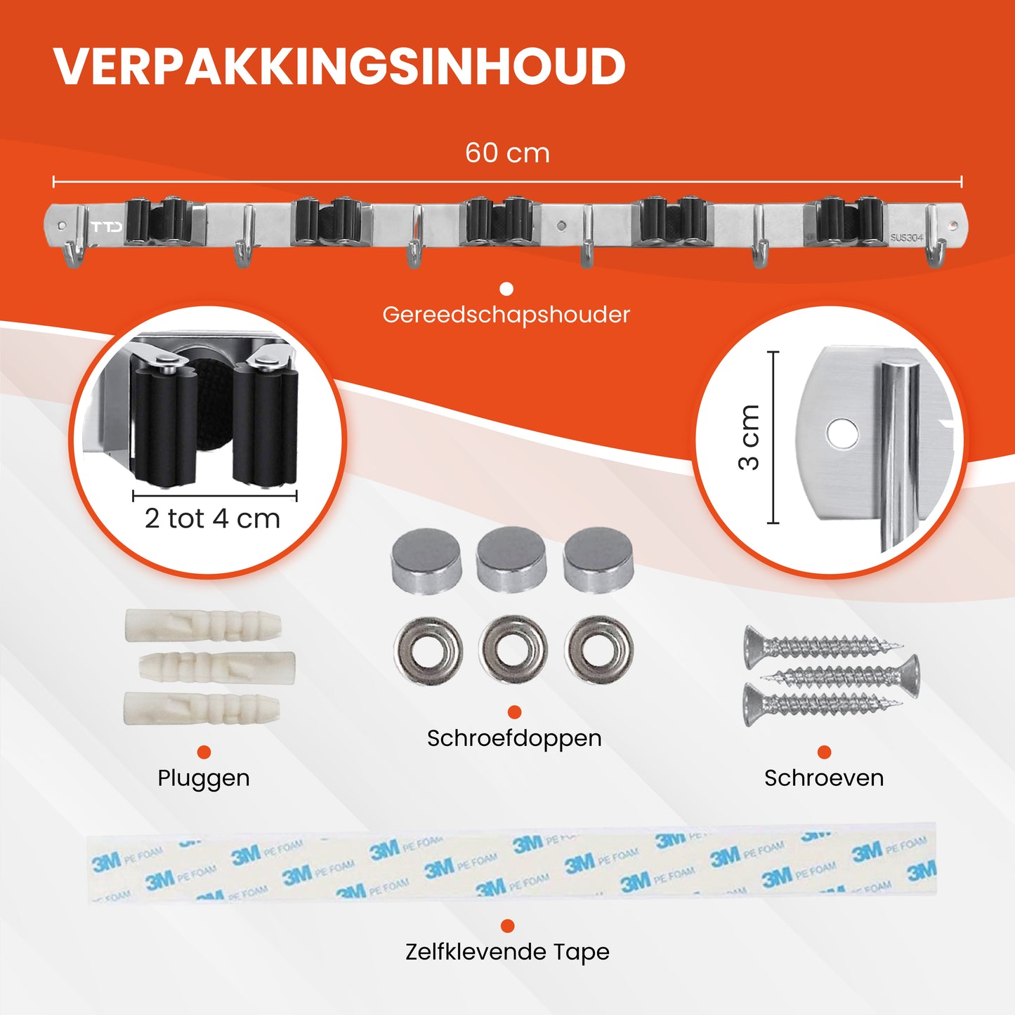 TTD® Luxe XXL Bezemhouder en Bezem Ophangsysteem voor Gereedschap - Bezemhouder Zelfklevend - Gereedschapshouder - Schoonmaak - 5 Ophanghaken & 6 Gereedschapsklemmen - Opbergsysteem - Tuingereedschap - Klussen - 62 CM - RVS - Inclusief 3M tape