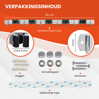 TTD® Luxe XXL Bezemhouder en Bezem Ophangsysteem voor Gereedschap - Bezemhouder Zelfklevend - Gereedschapshouder - Schoonmaak - 5 Ophanghaken & 6 Gereedschapsklemmen - Opbergsysteem - Tuingereedschap - Klussen - 62 CM - RVS - Inclusief 3M tape
